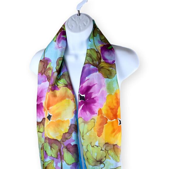 Adron Watercolor Blue Yellow Pink Silk Narrow Rectangle Scarf - Picture 7 of 7